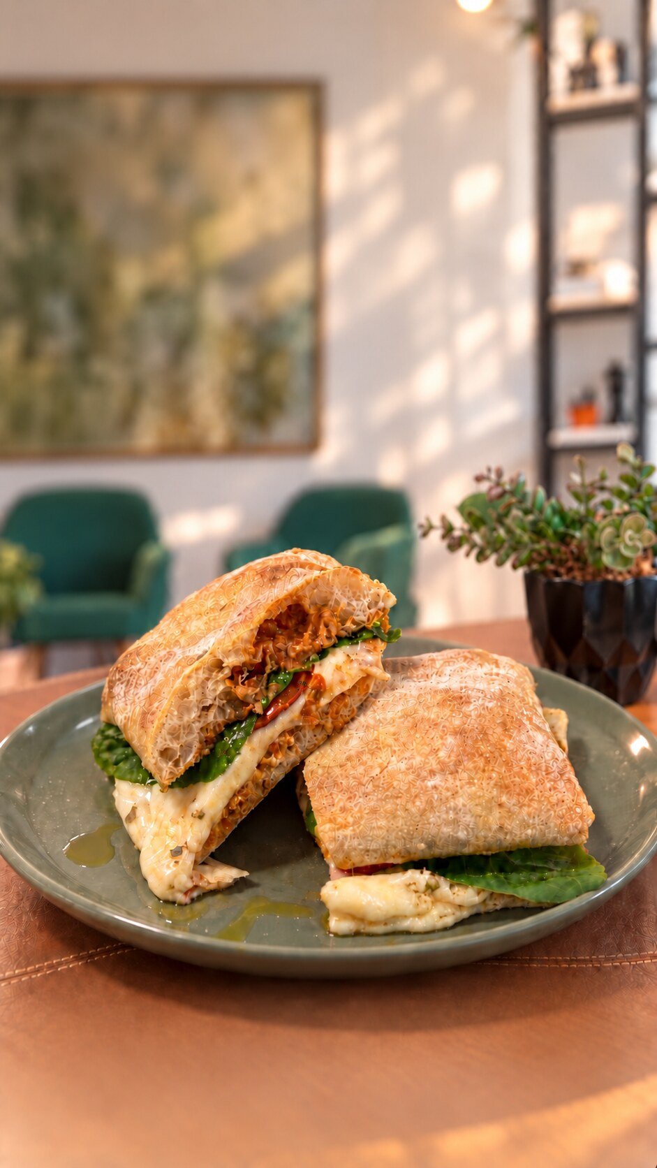 Ciabatta com pesto de tomate seco, queijo e rúcula do Zephýr Café