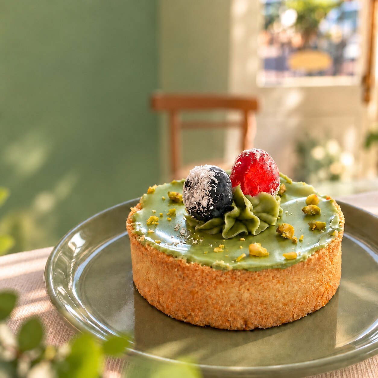 Sobremesa de pistache com frutas no Zephýr Café